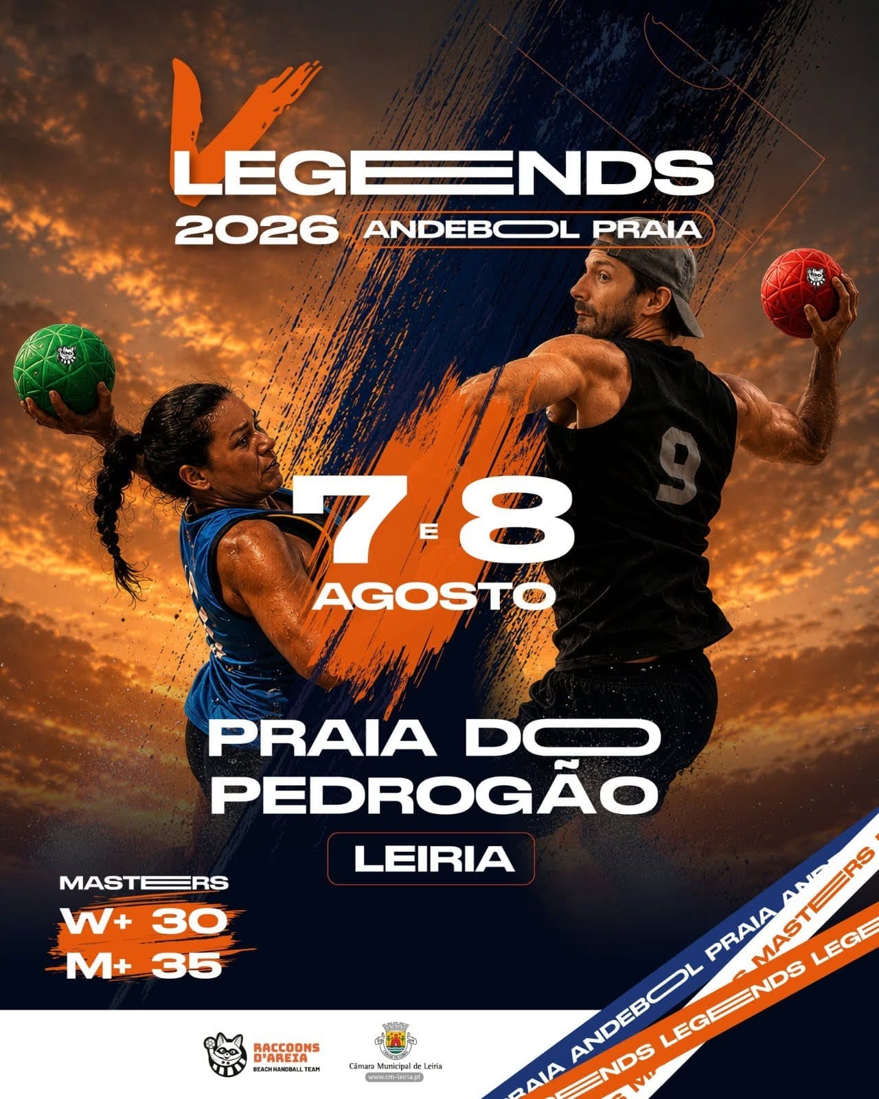 Cartaz LEGENDS 2026 — Andebol de Praia, 7 e 8 de agosto, Praia do Pedrógão, Leiria